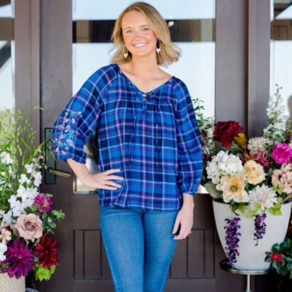 The Pioneer Woman Flannel Embroidered Peasant Top - Picture 1 of 6